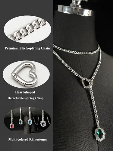 Women's Heart O-Ring Slip Chain Necklace, Double Layered Adjustable 39'' Cuban Chain with Detachable Heart Clasp and Colorful Rhinestone Pendant - color: 39'' Silver-Emerald Green