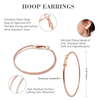 1 Pairs 60/70mm Silver 14K Gold Rose Gold Hoop Earrings for Women Hypoallergenic Stainless Steel Lightweight Big Hoops Shiny Dangle Earrings Trendy Jewelry Gifts - color: 70mm-Rose Gold Hoop Earrings