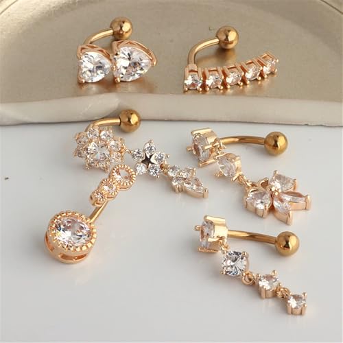 6Pcs 14G Surgical Steel Reversed Belly Button Rings for Women Sparkling CZ Crystal Dangle Belly Button Ring Curved Navel Barbell 3/8" 10mm Navel Piercing Jewelry - color: Silver
