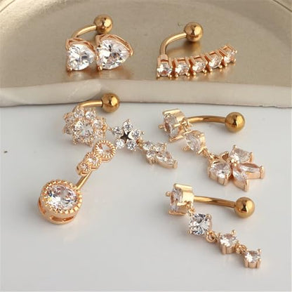 6Pcs 14G Surgical Steel Reversed Belly Button Rings for Women Sparkling CZ Crystal Dangle Belly Button Ring Curved Navel Barbell 3/8" 10mm Navel Piercing Jewelry - color: Rose Gold