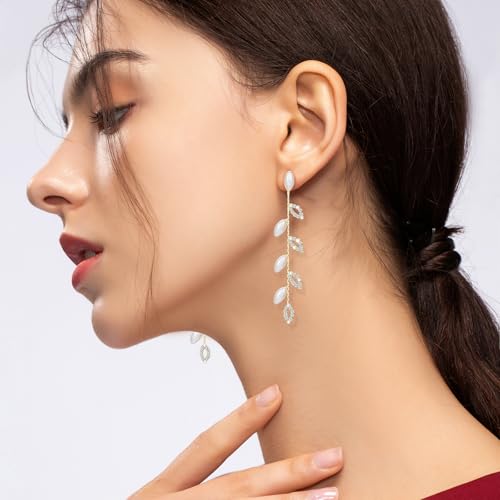 Gold/Silver Clip on Earrings Non Pierced for Women - 14K Gold Plated Long Tasse Drop Dangle Clip Earrings - Cubic Zirconia Leaf Earrings for Women Gold Wedding Jewelry Gifts - color: Gold-pearl