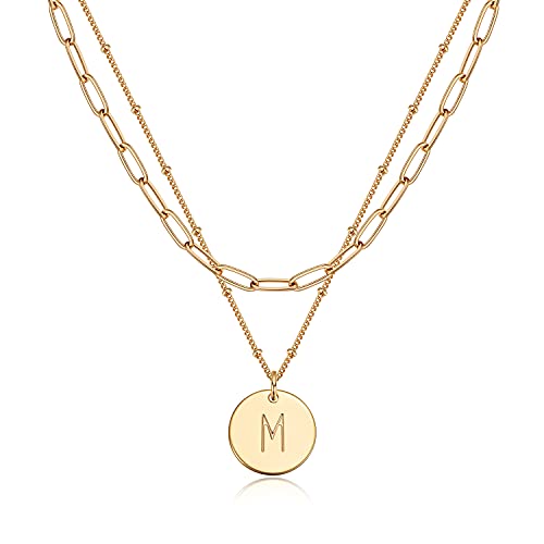 Valloey Rover Initial Necklaces for Women 14K Gold Plated Dainty Letter Necklce Round Coin Disc Pendant Double Side Engraved A-Z Necklace Personalized Jewelry Gift for Women - color: Layer-M