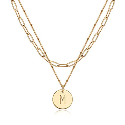 Valloey Rover Initial Necklaces for Women 14K Gold Plated Dainty Letter Necklce Round Coin Disc Pendant Double Side Engraved A-Z Necklace Personalized Jewelry Gift for Women - color: Layer-M