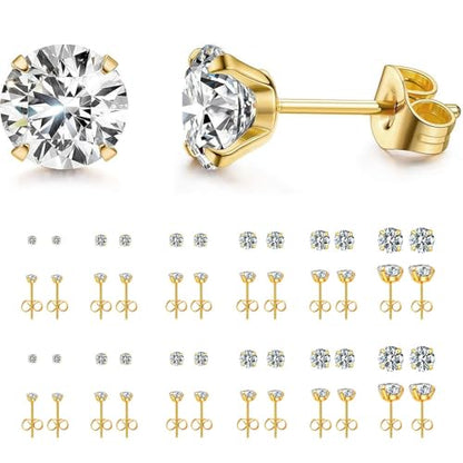 12 Pairs Stud Earrings Set, Hypoallergenic Surgical Stainless Steel 316L Earring for Women Men, Small Earring Studs Pack with Cubic Zirconia - color: Gold-6 Sizes-3，4，5，6，7，8