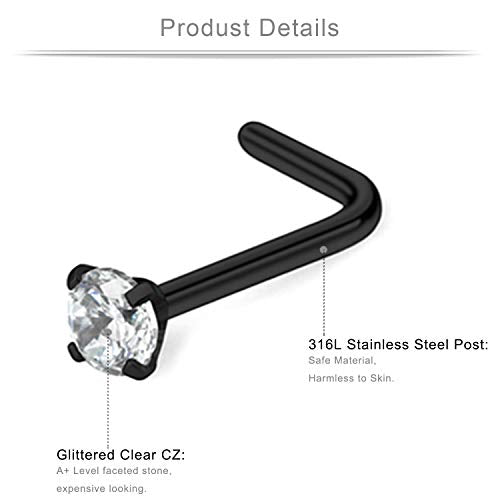 20G 1.5mm 2mm 2.5mm 3mm 3.5mm 4mm Opal Clear Diamond CZ Nose L Shaped Studs Rings Piercing Jewelry 4-20PCS - color: 20PCS - Black