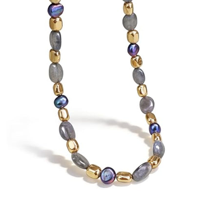 Boho Colorful Chunky Statement Beaded Necklaces for Women,Handmade Women's Fashion Gemstone Bead Choker Necklace,Western Natural Stone Strand Necklace Bib Collar Jewelry Unique Gifts for Women - color: 07-Grey