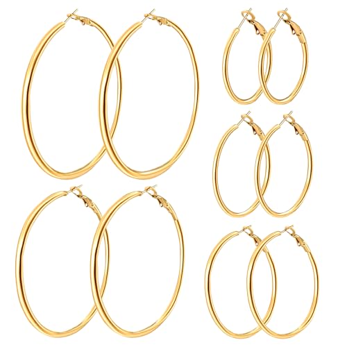 5/8 Pairs Gold Silver Hoop Earrings for Women Stainless Steel Jewelry Set | 30 40 50 60 70 mm, 14K Gold Plated Stainless Steel, Hypoallergenic, Lightweight, Thin, Small Medium Large Dangle - color: 5 Pair/Gold (30/40/50/60/70mm)