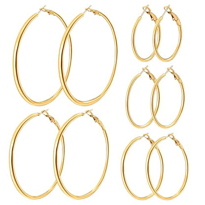 5/8 Pairs Gold Silver Hoop Earrings for Women Stainless Steel Jewelry Set | 30 40 50 60 70 mm, 14K Gold Plated Stainless Steel, Hypoallergenic, Lightweight, Thin, Small Medium Large Dangle - color: 5 Pair/Gold (30/40/50/60/70mm)