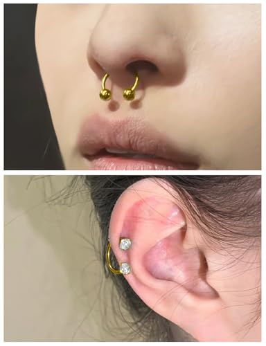 Oufksiyy Horseshoe Nose Ring Surgical Steel internal thread Double Gem Stud Nose Rings 16g Black Gold Lip Rings Cubic Zirconia Daith Septum Piercing Jewelry for Women Inner Diameter 6/8/10/12mm - color: gold horseshoe rings 16G 6-12MM