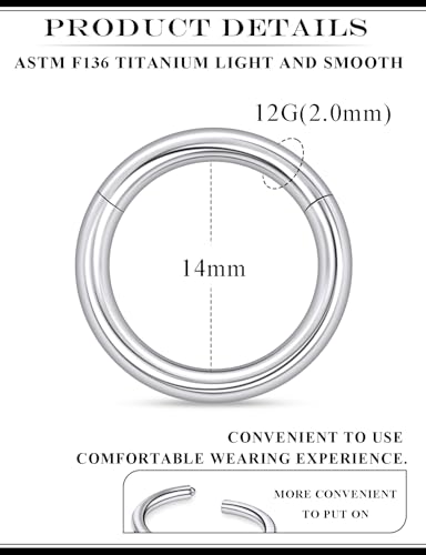 20G 18G 16G 14G 12G 10G 8G 6G 4G 2G Nose Rings Hoops Astm F136 Titanium Clicker Septum Lip Ring Tragus Helix Daith Rook Conch Snug Cartilage Lobe Earrings Hoop Piercing Jewelry For Women Men - size: 12G-14MM
