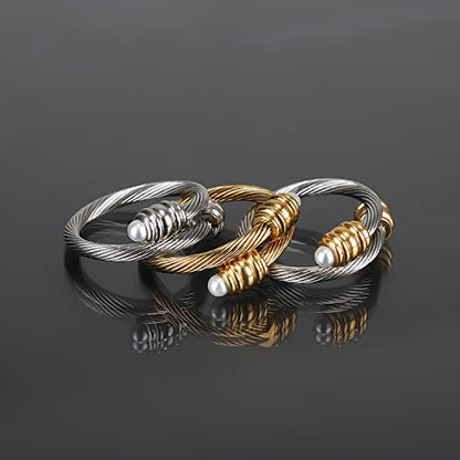 Cable Ring, a Cuff Pearl Ring Designed to Fit Finger Circumference Between 70mm-90mm - color: silver