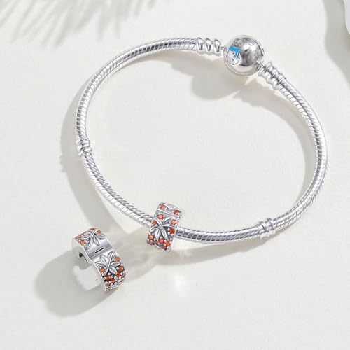 KEQ Clip Spacer Charm for Bracelet 925 Silver Pave Cubic Zirconia Clip Lock Stopper Bead Spacer For Women Bracelets Stopper Birthday Gifts European Openable Beads 2pcs - color: Fall maple leaves