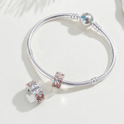 KEQ Clip Spacer Charm for Bracelet 925 Silver Pave Cubic Zirconia Clip Lock Stopper Bead Spacer For Women Bracelets Stopper Birthday Gifts European Openable Beads 2pcs - color: Fall maple leaves