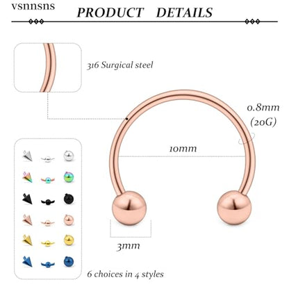 12G & 16G Septum Rings - Surgical Steel Septum Piercing Jewelry Horseshoe & Snake Bite Rings, Daith Rook Earrings for Women & Men - color: 20G 10MM