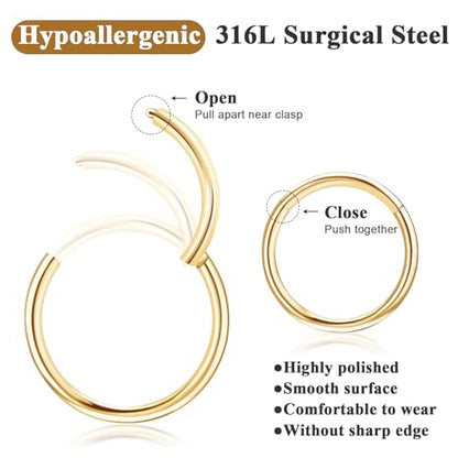 ONESING 5pcs Nose Rings Hoops 14G-20G Hinged CZ Conch Piercing Jewelry 316L Surgical Steel Septum & Lip Rings 6mm-14mm - color: Gold, size: 16G(1.2mm)-9mm