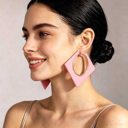 Colorful Large Hoop Earrings for Women Big Square Hollow Hoops Dangle Earrings Trendy Chunky Geometric Square Earring 80s 90s Neon Hoop Dangle Earrings - color: pink