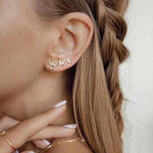 Sterling Silver Earrings Stacks for Women, Hypoallergenic Cartilage Earring | Dainty Stud Huggie Hoop Dangle Chain Earrings, 14K Gold/White Gold Plated - color: 3Pairs-Butterfly Set-Gold