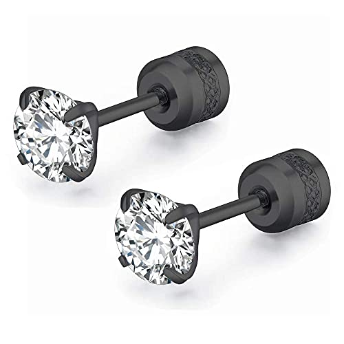 5 Pairs Titanium Screw Back Stud Earrings Set for Sensitive Ears, Hypoallergenic Surgical Stainless Steel Double Sided Round Cubic Zirconia Earrings for Women Men - color: 5pcs black stud set