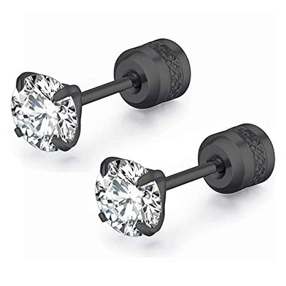 5 Pairs Titanium Screw Back Stud Earrings Set for Sensitive Ears, Hypoallergenic Surgical Stainless Steel Double Sided Round Cubic Zirconia Earrings for Women Men - color: 5pcs black stud set