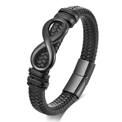 Men's Leather Infinity Bracelet Stainless Steel Number 8 Wristband Cuff Bangle Bracelets Gifts for Men, 8.3 & 9.1 inches - color: 01.Single-layers leather & black infinity, size: 9.1inch(Size too large. Not recommended.)