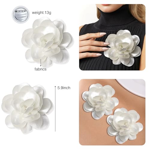 2Pack 6inch Extra Large Satin Brooches Lapel Pins Dainty Elegant Fabric Camellia Rose Flower Brooch Pin for Women Wedding Part Dance Clothes Accessories Jewelry - color: White