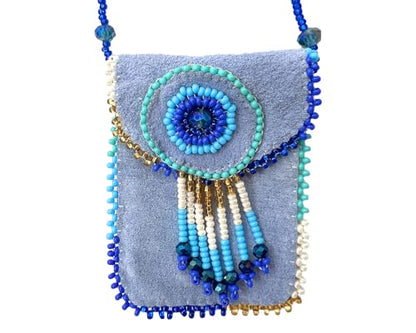 Mia Jewel Shop Authentic Leather Suede Medicine Pouch Seed Bead Fringe Dangle Necklace - Womens Fashion Handmade Bags Boho Travel Accessories - color: Light Blue