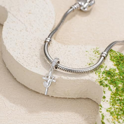 PROESS Initial Cross Charm 925 Sterling Silver Letter A B C Pendant Dangle Charm Beads for Bracelet Initial Cross Jewelry Gifts for Women - style: 10-J