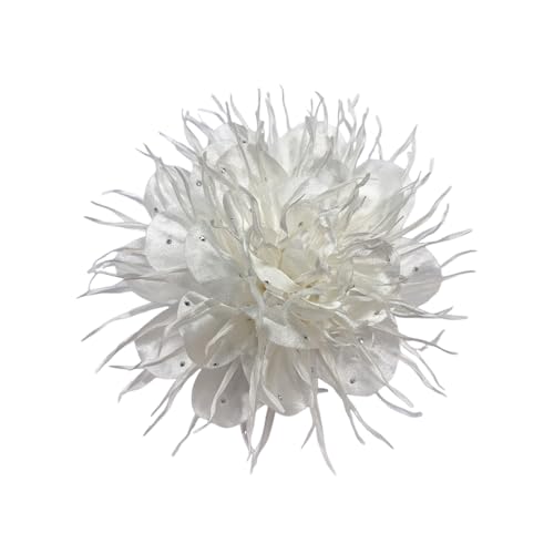 Dtja 4" Dainty Spiky Fabric Flower Brooch Pin for Women Elegant Crystal Colorful Pom-Pom Fluffy Floral Peony Corsage Brooches Lapel Hair Pins Fashion Party Dress Accessories Jewelry - color: White