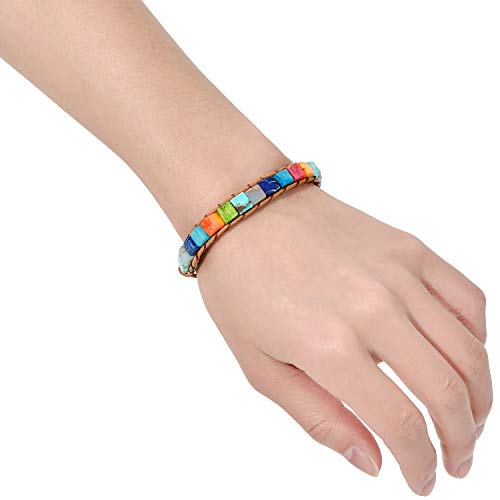 sedmart 7 Chakra Bracelets for Women with Real Stones Leather Wrap Healing Bead Bracelet Women Men Boho Friendship Jewelry - color: A2 Colorful flower button & square stone
