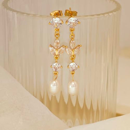 Pearl Earrings for Women Trendy, 14k Gold Plated Freshwater CZ Leaf Pearl Dangle Drop Gold Earrings Lightweight Hypoallergenic Stud Earring Bridesmaid Wedding Gold Jewelry for Women Gifts - style: cz long pearl earrings