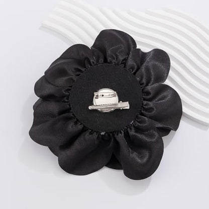 Dainty Satin Fabric Rose Flower Brooches 7.5in Extra Large Big Camellia Flower Brooches Lapel Pins for Women Wedding Party Dance Dress Clothes Accessories - color: Black