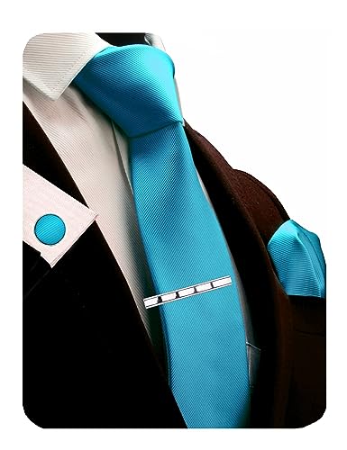 GUSLESON New 3.15"（8cm） Solid Color Necktie and Pocket Square Cufflinks Clip Set - color: Turquoise Blue