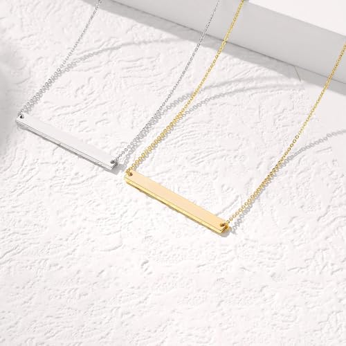 Gold Polished Horizontal Bar Necklace Personalized Stainless Steel Simple Pendant Link Layered Adjustable Chain for Women Girls Jewelry - color: Gold