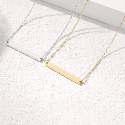 Gold Polished Horizontal Bar Necklace Personalized Stainless Steel Simple Pendant Link Layered Adjustable Chain for Women Girls Jewelry - color: Gold
