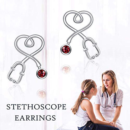 Stethoscope Earrings 925 Sterling Silver Heart Studs Earrings 12 Months Birthstone Crystals from Austria, Graduation Jewelry Gifts for Nurse Doctor RN Medical Student - color: Simulated Ruby