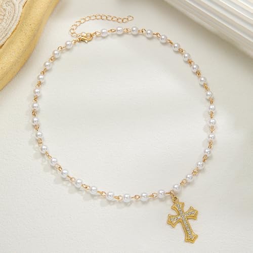 Pearl Necklace 14K Gold Plated Cross Pendant Inlaid with Diamonds Charm Jewelry Gift - style: 14K Gold Pearl+Cross