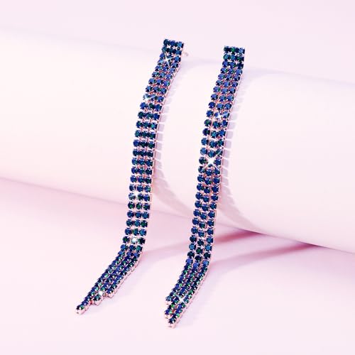 Sparkly Rhinestone Long Tassel Dangle Earrings Crystal Chandelier Dangle Drop Earrings Wedding Party Prom Earrings Jewelry for Women Gifts - color: Gold Blue
