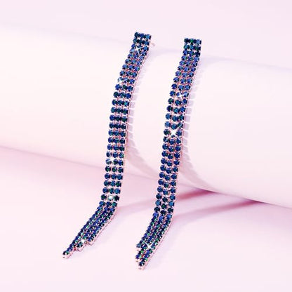 Sparkly Rhinestone Long Tassel Dangle Earrings Crystal Chandelier Dangle Drop Earrings Wedding Party Prom Earrings Jewelry for Women Gifts - color: Gold Blue