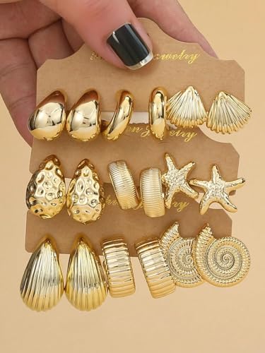 12 Pairs Chunky Gold Hoop Earrings for Women Trendy, Gold Plated Lightweight Hypoallergenic Stack, Thick Open Twisted Huggie Hoops Earring Set - color: 12 Pairs Gold Thick