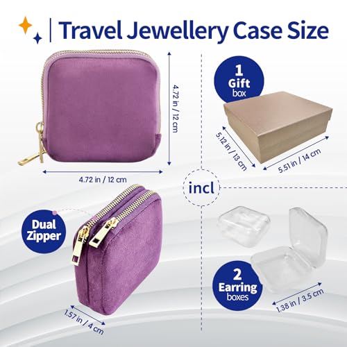 Small Travel Jewelry Case with Earring Box Mini Jewelry Case | Double-Layer Velvet Travel Jewelry Organizer Pouch with 7 grids & 4 Pockets, for Necklace Bracelet, Gifts for Women, Purple - color: Purple double-layer