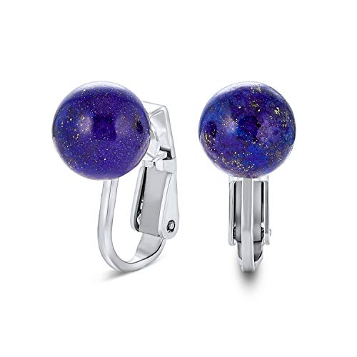Classic Genuine Birthstone Ball Clip On Earrings .925 Sterling Silver 8MM - color: Blue