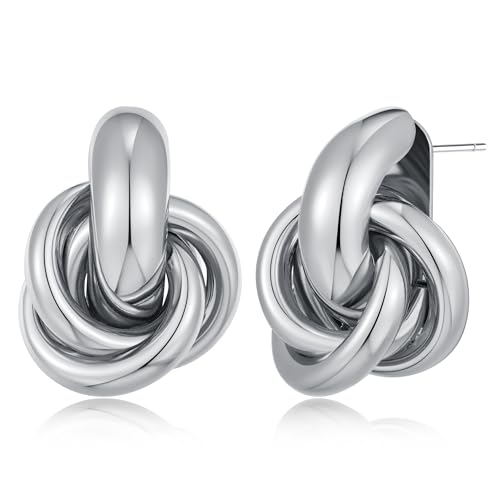 Gold Geometric Drop Dangle Earrings for Women Chunky Trendy Knot Stud Small Twisted Link Earring Jewelry Gift - color: A-Small Flower-Silver