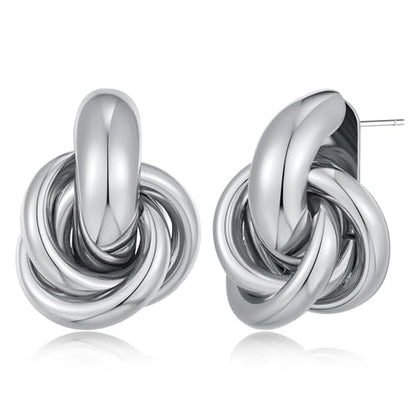 Gold Geometric Drop Dangle Earrings for Women Chunky Trendy Knot Stud Small Twisted Link Earring Jewelry Gift - color: A-Small Flower-Silver