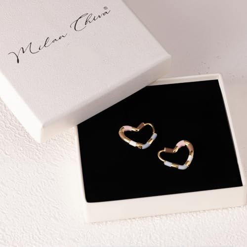 Milan Chiva 14K Gold Plated Small Huggie Dangle Earrings | Lightweight Trendy Heart Dainty Jewelry Hypoallergenic Chunky Gold Hoops Earrings Jewelry Mothers Day Gift for Women - color: F-Colorfull Heart