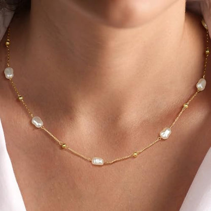 Ritach Pearl Necklaces for Women - Real Gold Plated Dainty Pearl Necklace Daisy Round Drop Pearl Choker Necklace Layered Gold Necklace for Women Teen Girls Bridesmaid Wedding Birthday Gifts - style: Gold-Bead Pearl Station