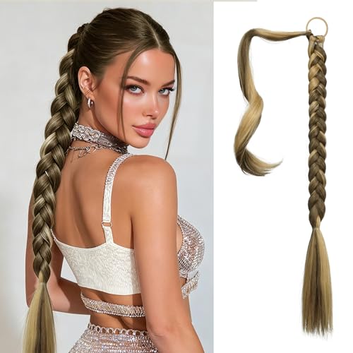Long Braid Ponytail Extension with Hair Tie Straight Sleek Wrap Around Hair Extensions Braid Pony Tail Fluffy Natural Synthetic Hairpieces for Women Daily Wear,26 inch- Highlighted Blonde - color: Ash Brown Highlighted Bleach Blonde, size: 26 Inch (Pack o