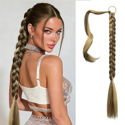Long Braid Ponytail Extension with Hair Tie Straight Sleek Wrap Around Hair Extensions Braid Pony Tail Fluffy Natural Synthetic Hairpieces for Women Daily Wear,26 inch- Highlighted Blonde - color: Ash Brown Highlighted Bleach Blonde, size: 26 Inch (Pack o