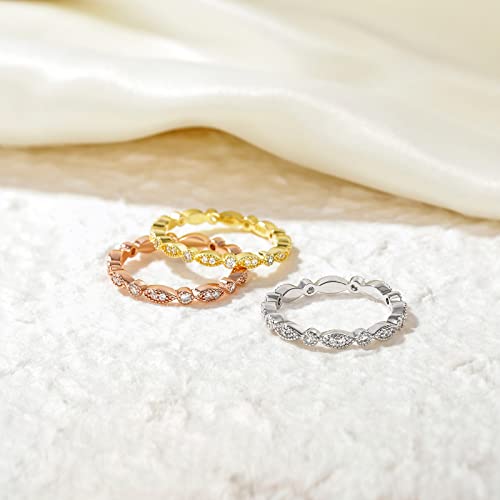 EAMTI 925 Sterling Silver Wedding Band for Women Cubic Zirconia Marquise & Round Milgrain Full Eternity Stackable Ring Size 3-13 - color: Sterling Silver-Silver