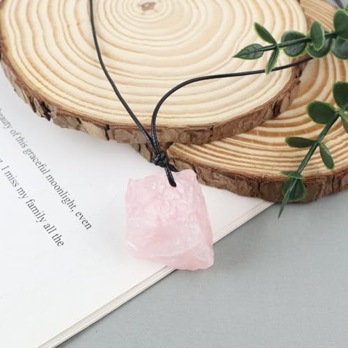 FANASY Natural Raw Crystal Necklace for Women Irregular Stone Necklaces Spiritual Gemstone Pendant with Adjustable Rope - color: Rose Quartz