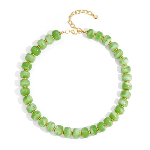 Chunky Colorful Choker Necklace for Women - Summer Beach Round Resin Beads Necklace, Trendy Statement Summer Beach Jewelry Birthday Gifts for Vacation Holiday - color: 14mm Light Green Beads